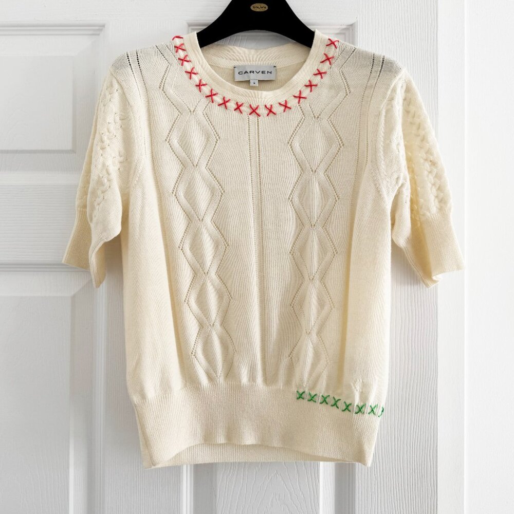 Carven “Cross Stitch” Merino Wool Knit in Ivory, Size S (fits like XS/S)